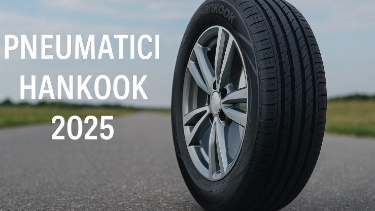 Primo piano di un pneumatico Hankook montato su cerchio in lega, su una strada asfaltata.