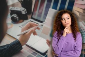 interior design che sceglie colori e donna che pensa